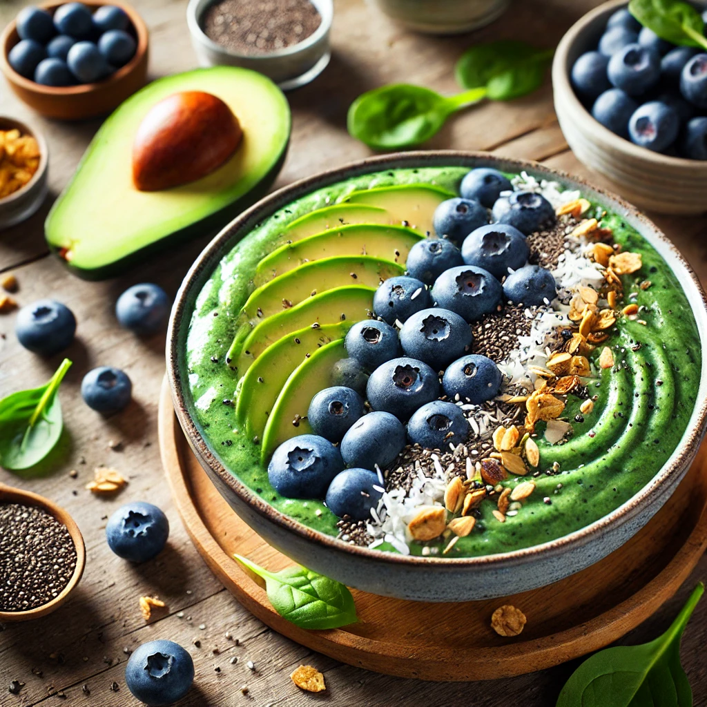 Smoothie bowl met spinazie, avocado en blauwe bessen