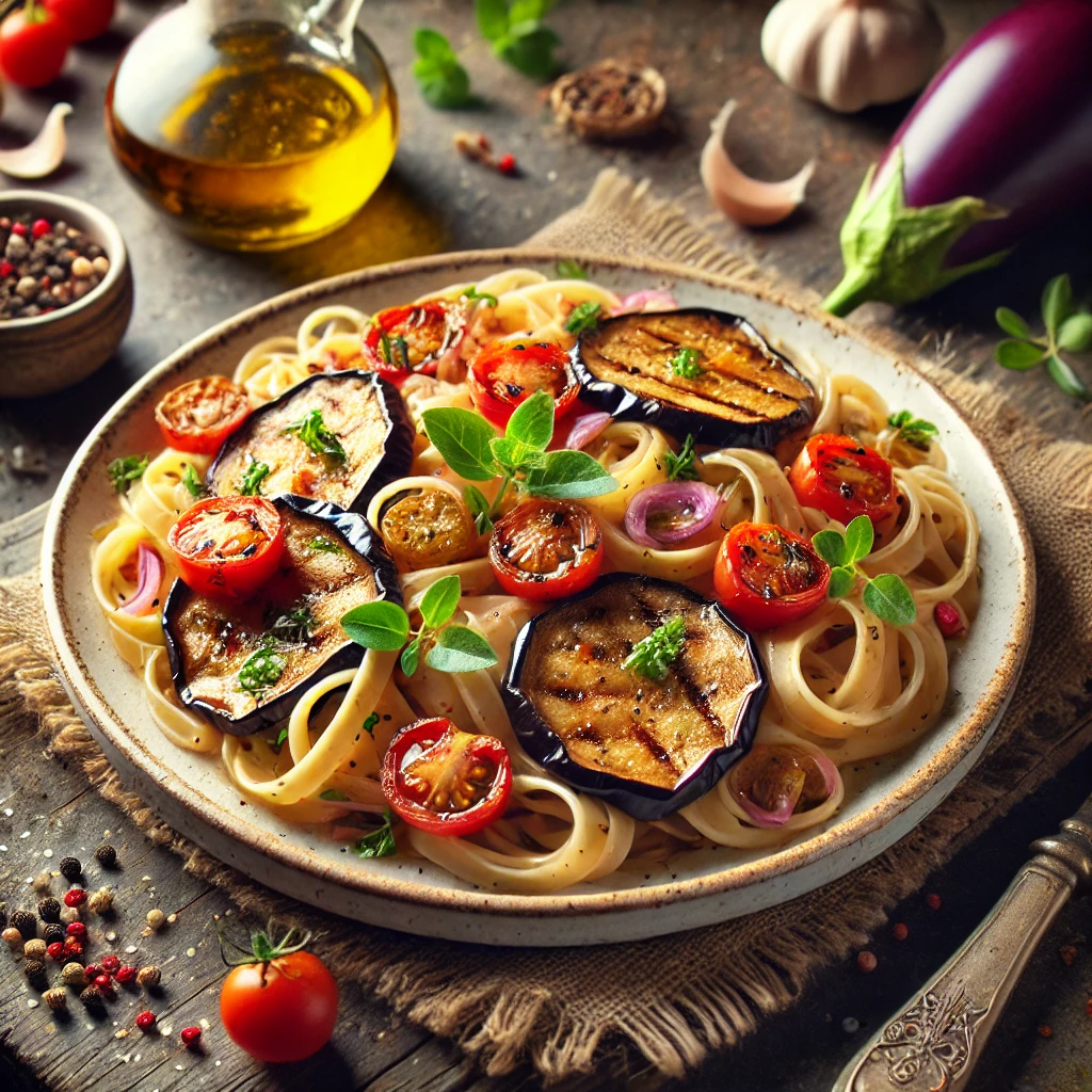 Spelt linguine met gegrilde aubergine, tomaten en verse oregano