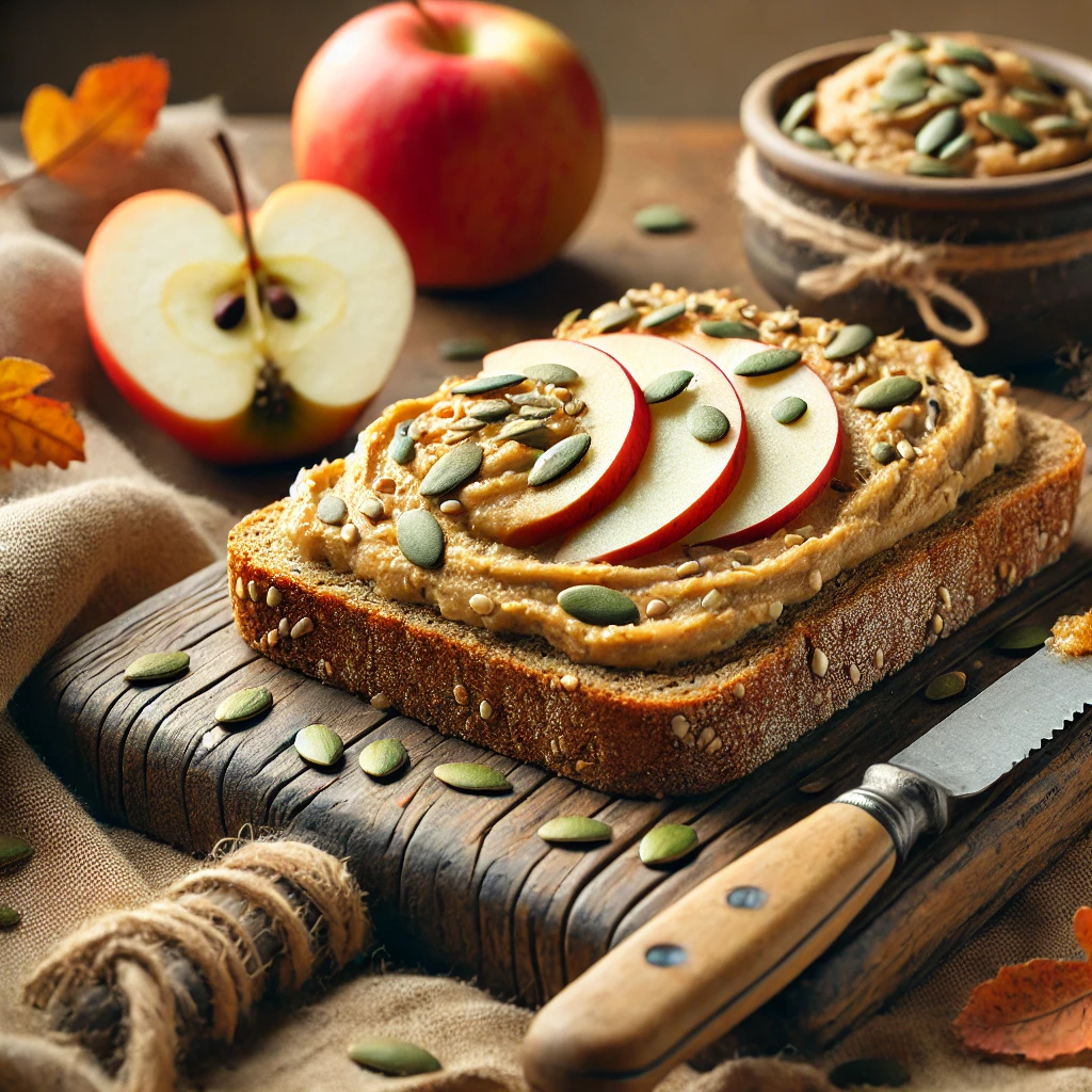 Speltbrood met appelspread en pompoenpitten