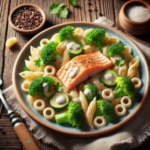 Speltpasta met zalm, broccoli en een lichte roomsaus