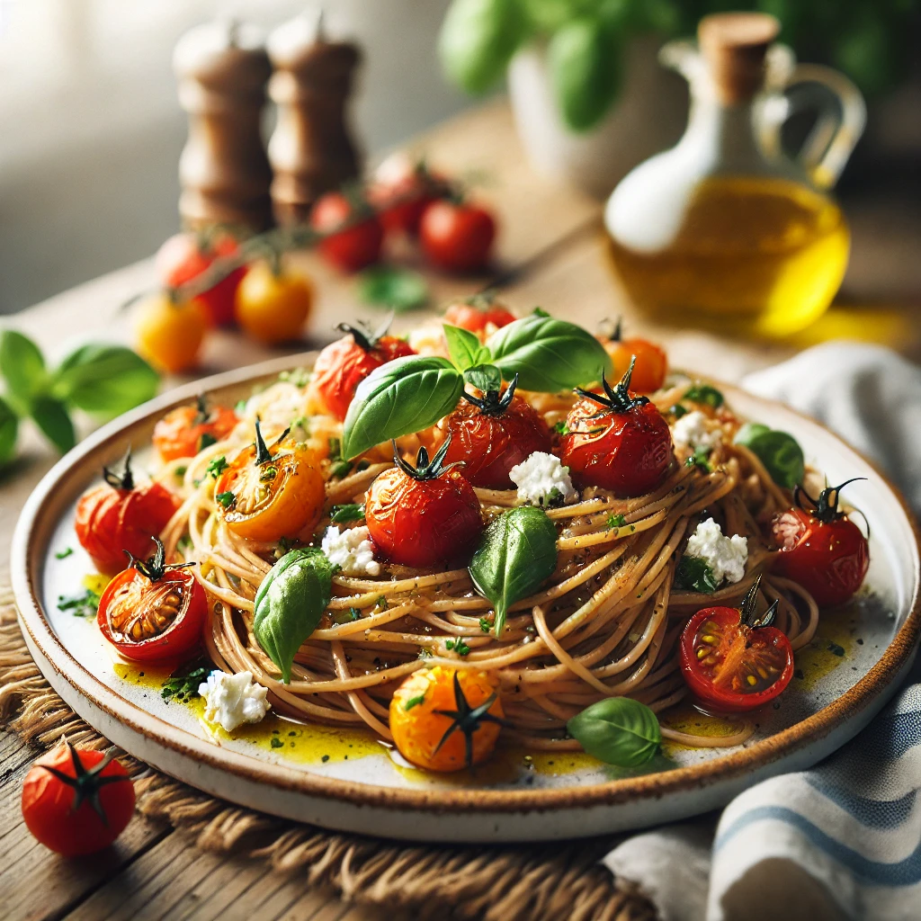 Speltspaghetti met geroosterde tomaten en licht geitenkaasje