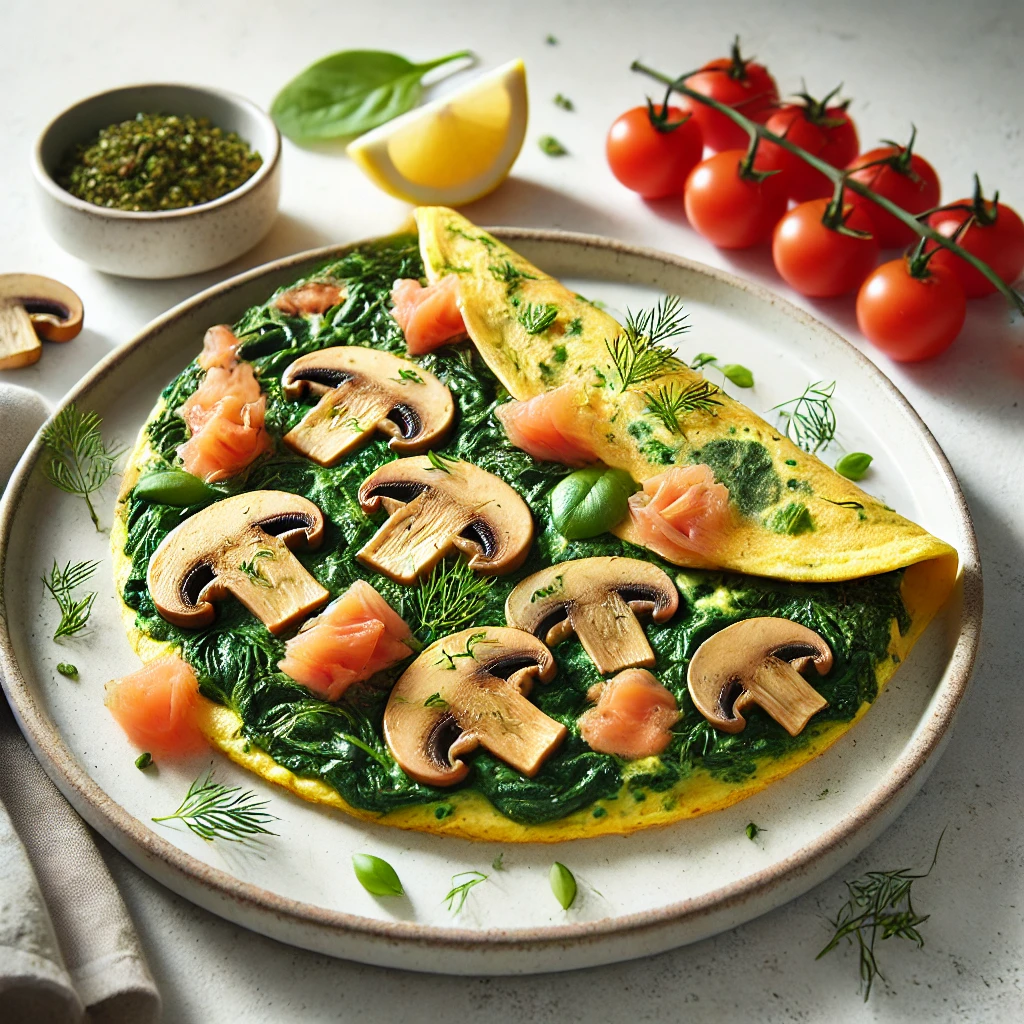 Spinazie-Omelet met Champignons en Gerookte Zalm