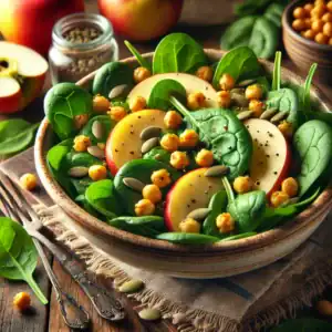 Spinaziesalade met appel, kikkererwten en pompoenpitten