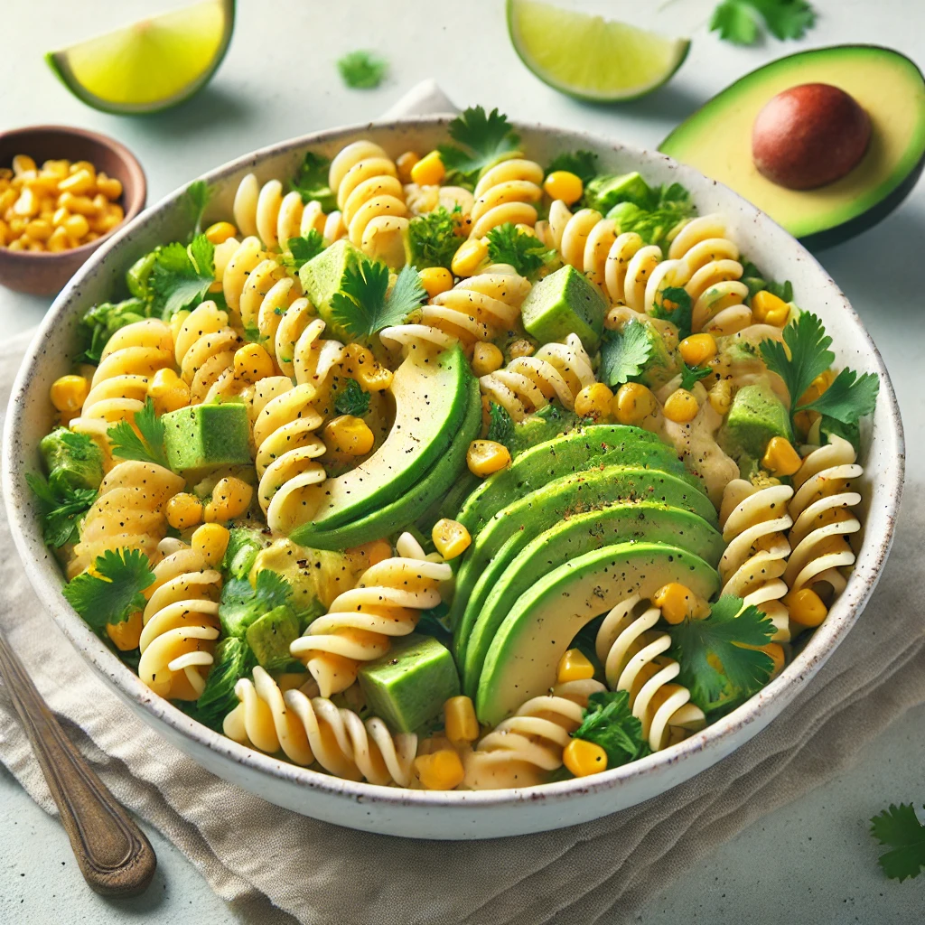 Spirelli-salade met romige avocado, mais en limoensap