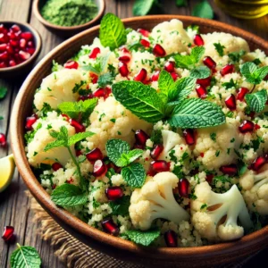 Tabouleh van bloemkoolcouscous met munt en granaatappel