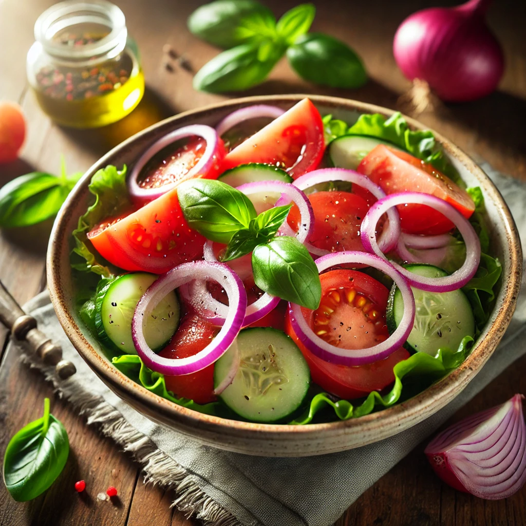 Tomatensalade met komkommer, ui en een beetje olijfolie