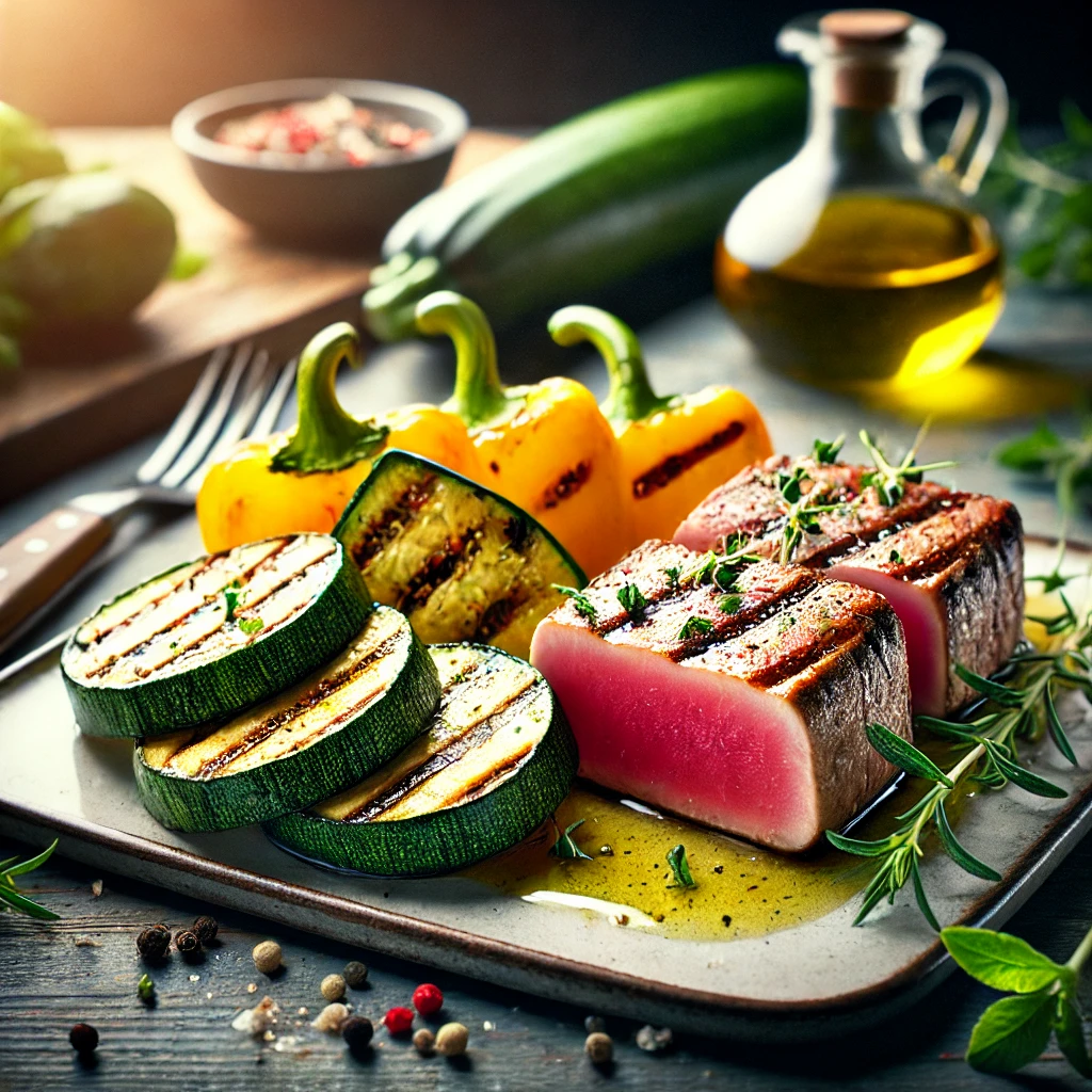 Tonijnsteak met Gegrilde Courgette en Paprika