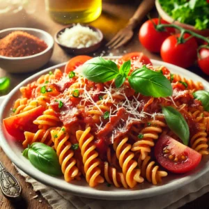 Volkoren fusilli met magere spekreepjes en tomatensaus