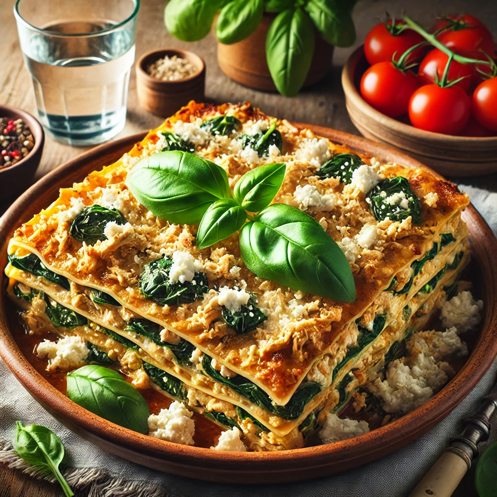 Volkoren lasagne met kip, spinazie en cottage cheese