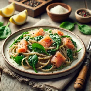 Volkoren linguine met spinazie en gerookte zalm