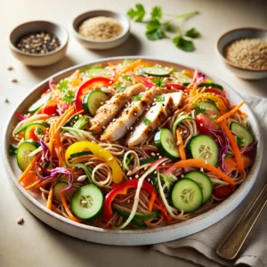 Volkoren noodlesalade met groenten en kipfilet