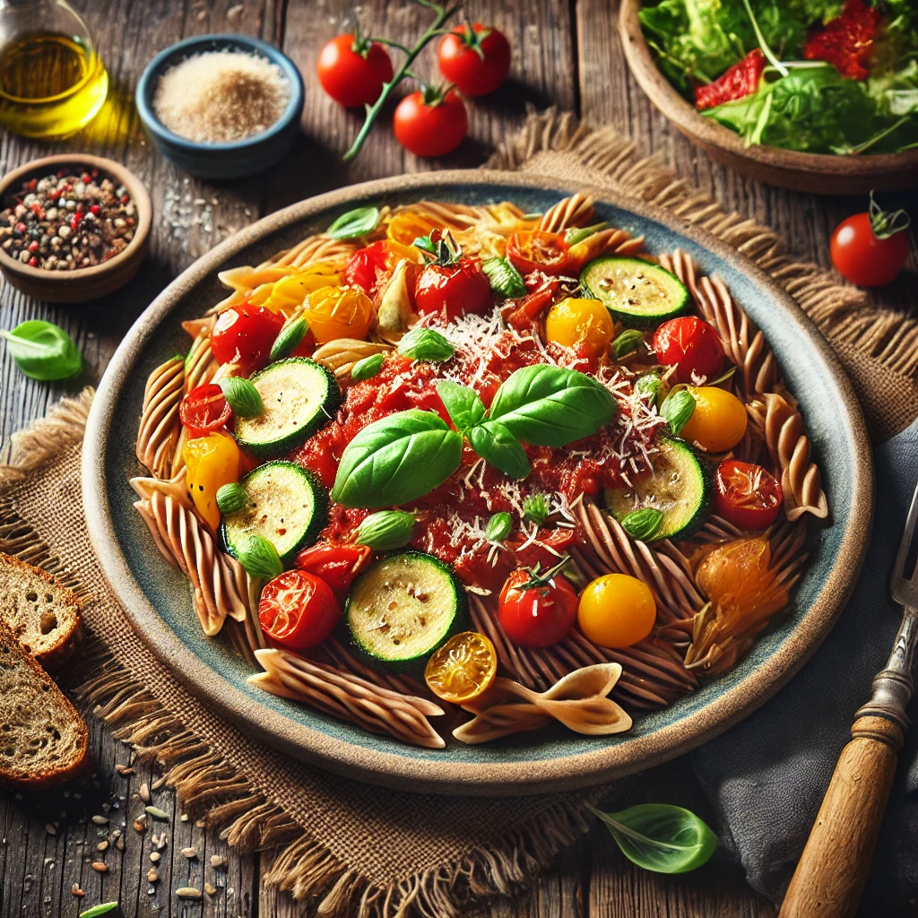 Volkoren pasta met tomatensaus en groenten