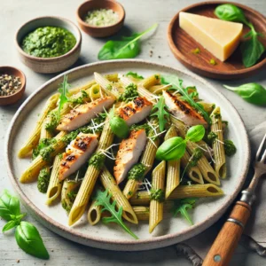 Volkoren penne met kip, pesto en rucola