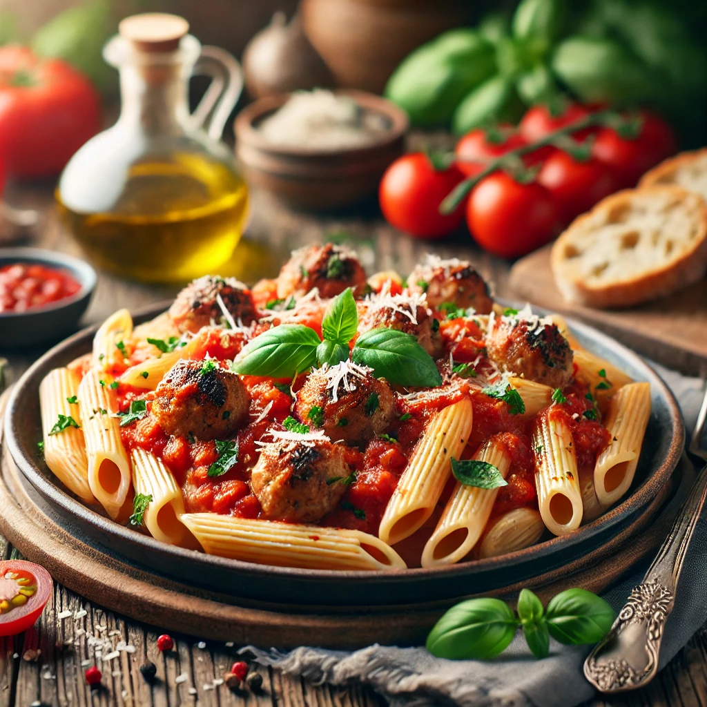 Volkoren penne met kipgehaktballetjes en kruidige tomatensaus