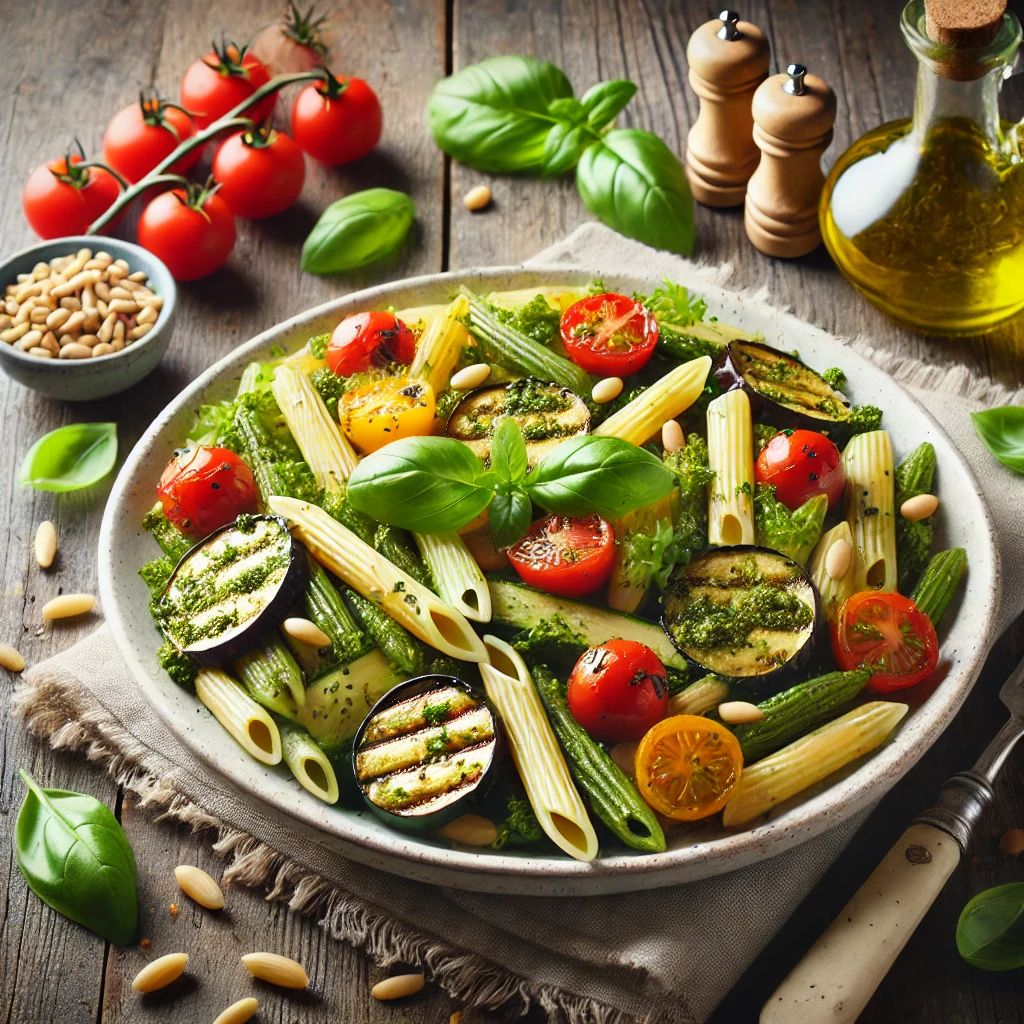 Volkoren penne met verse pesto en gegrilde groenten