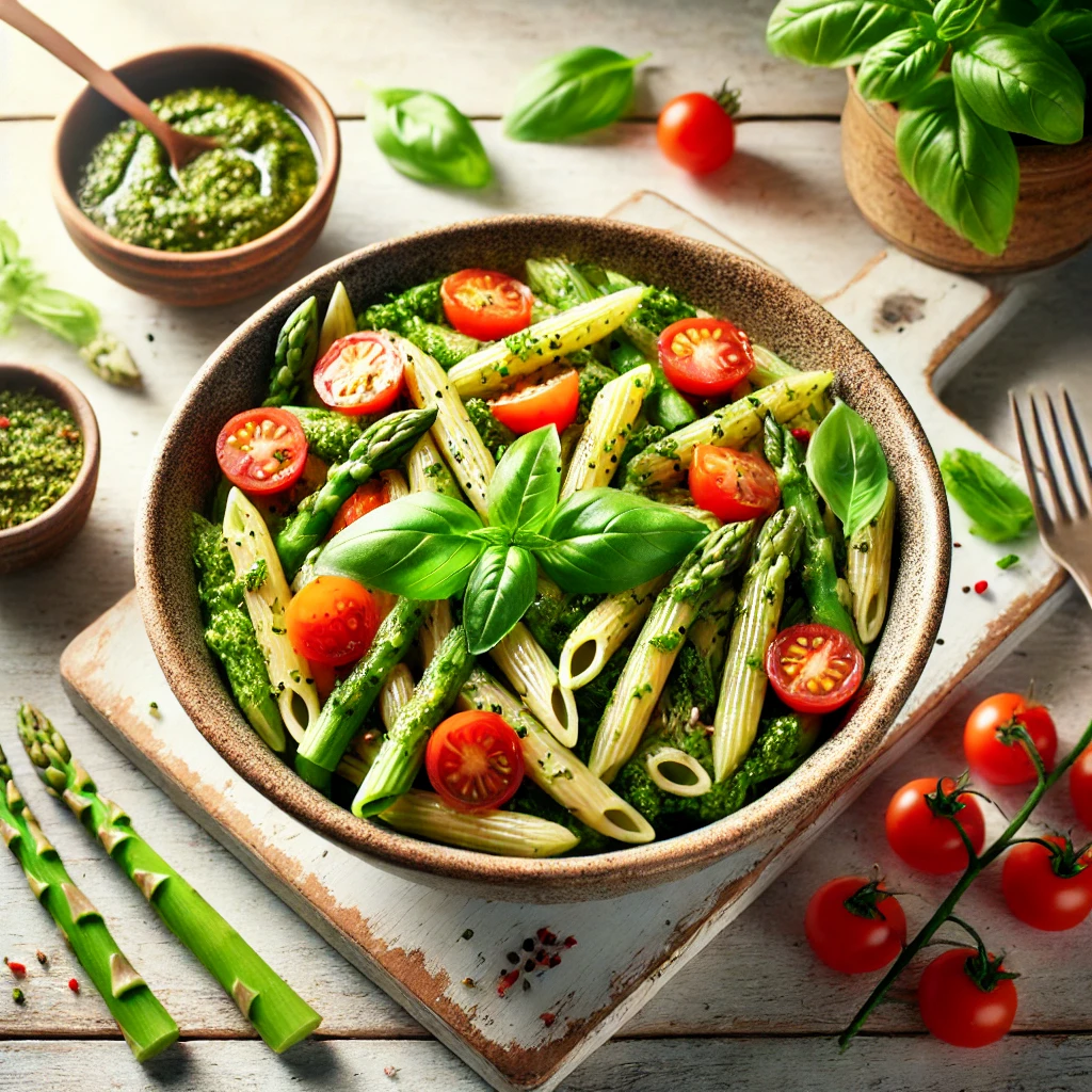 Volkoren penne-salade met pesto, groene asperges en cherrytomaatjes