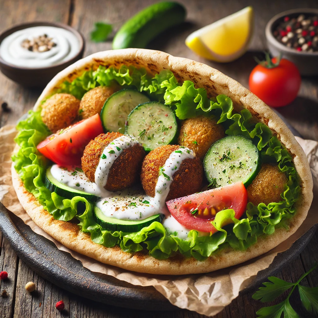 Volkoren pitabroodje met falafel en yoghurtsaus