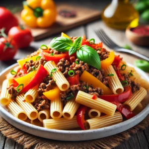 Volkoren rigatoni met mager rundergehakt en paprika