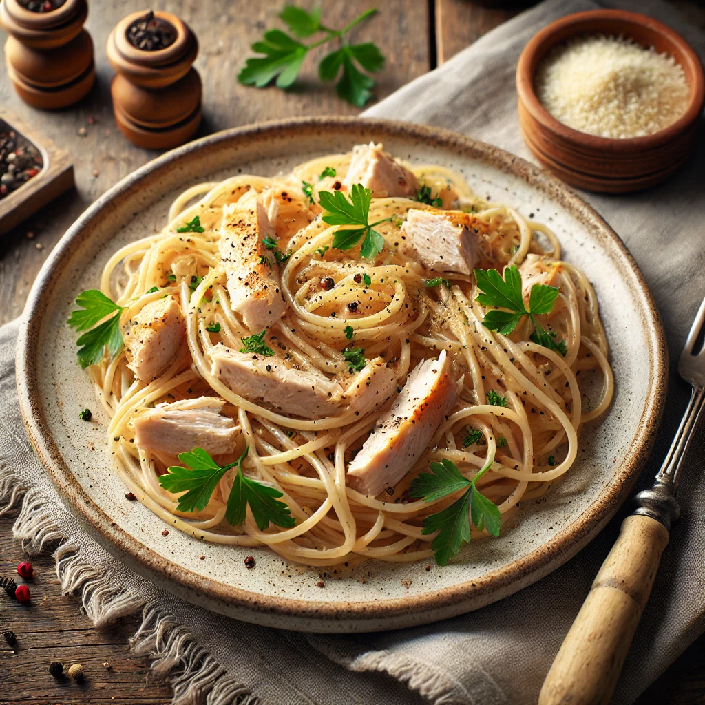 Volkoren spaghetti carbonara (light) met kalkoen- of kipreepjes