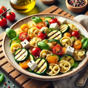 Volkoren tortellini-salade met gegrilde courgette en feta