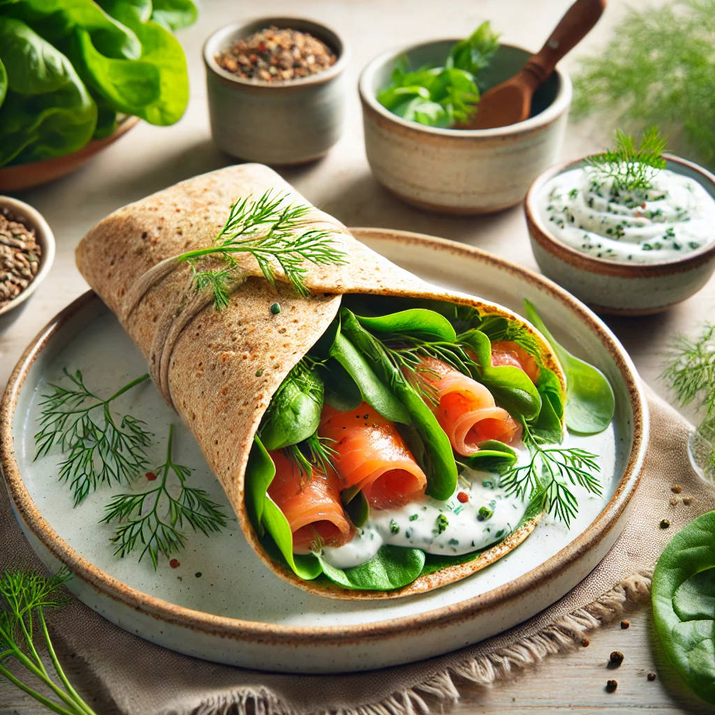 Volkoren wrap met zalm en frisse kruidenyoghurt