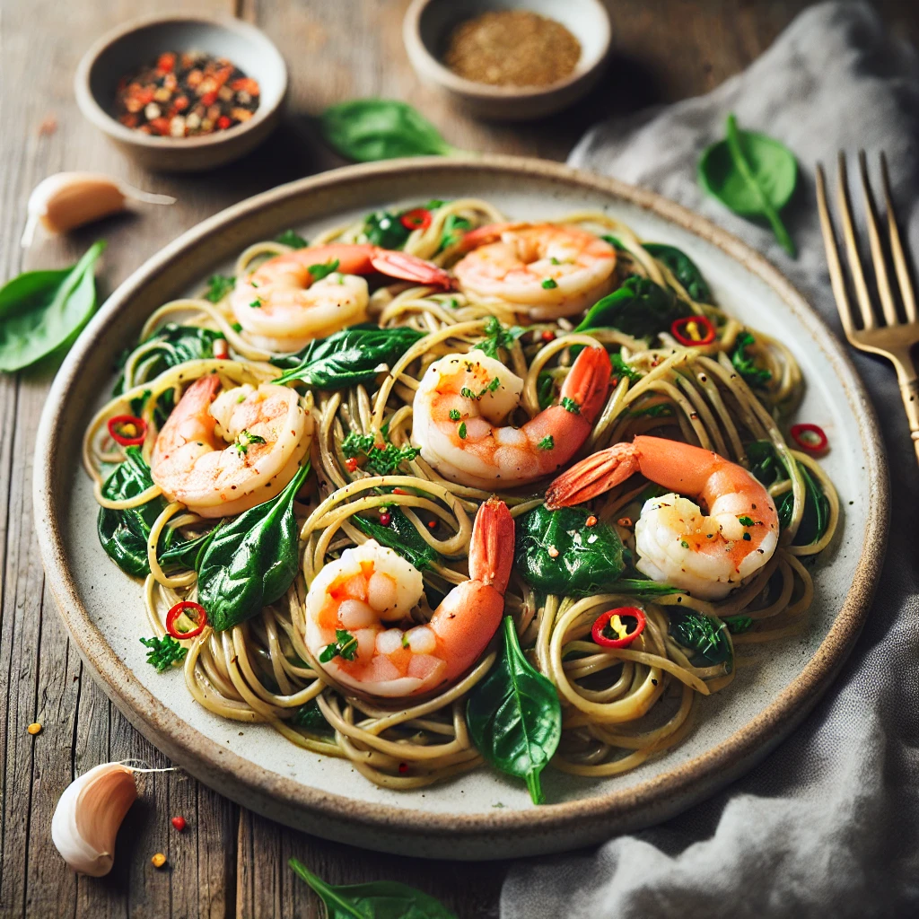 Volkorenspaghetti aglio e olio met garnalen en spinazie