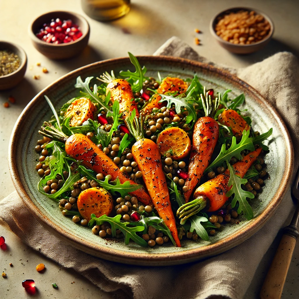 Warme salade met geroosterde wortels en linzen