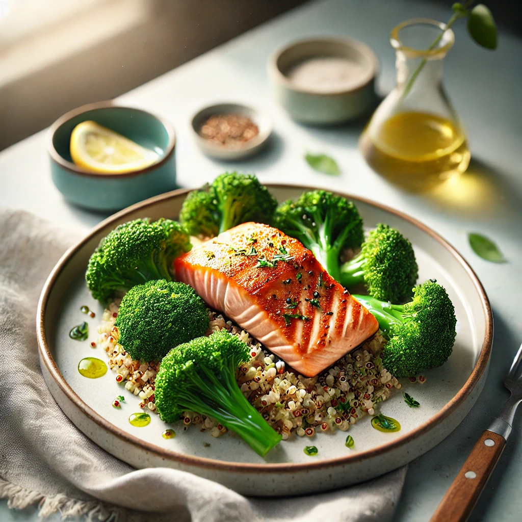 Zalm met gestoomde broccoli en quinoa