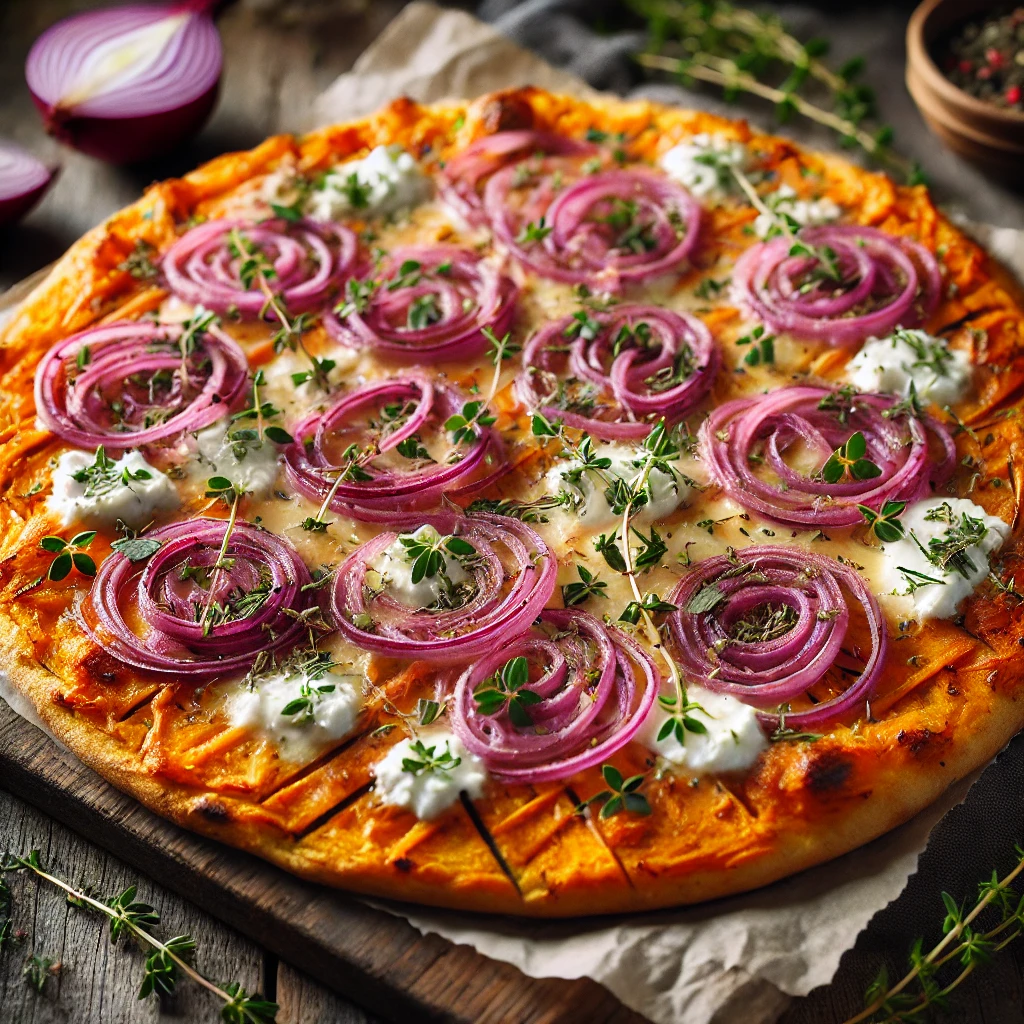 Zoete Aardappel Pizza met Rode Ui en Geitenkaas