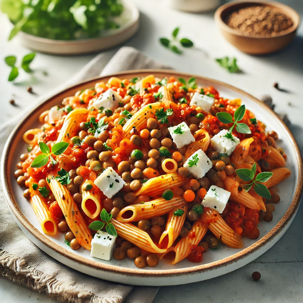 Zoete puntpaprika-pasta met linzen en feta