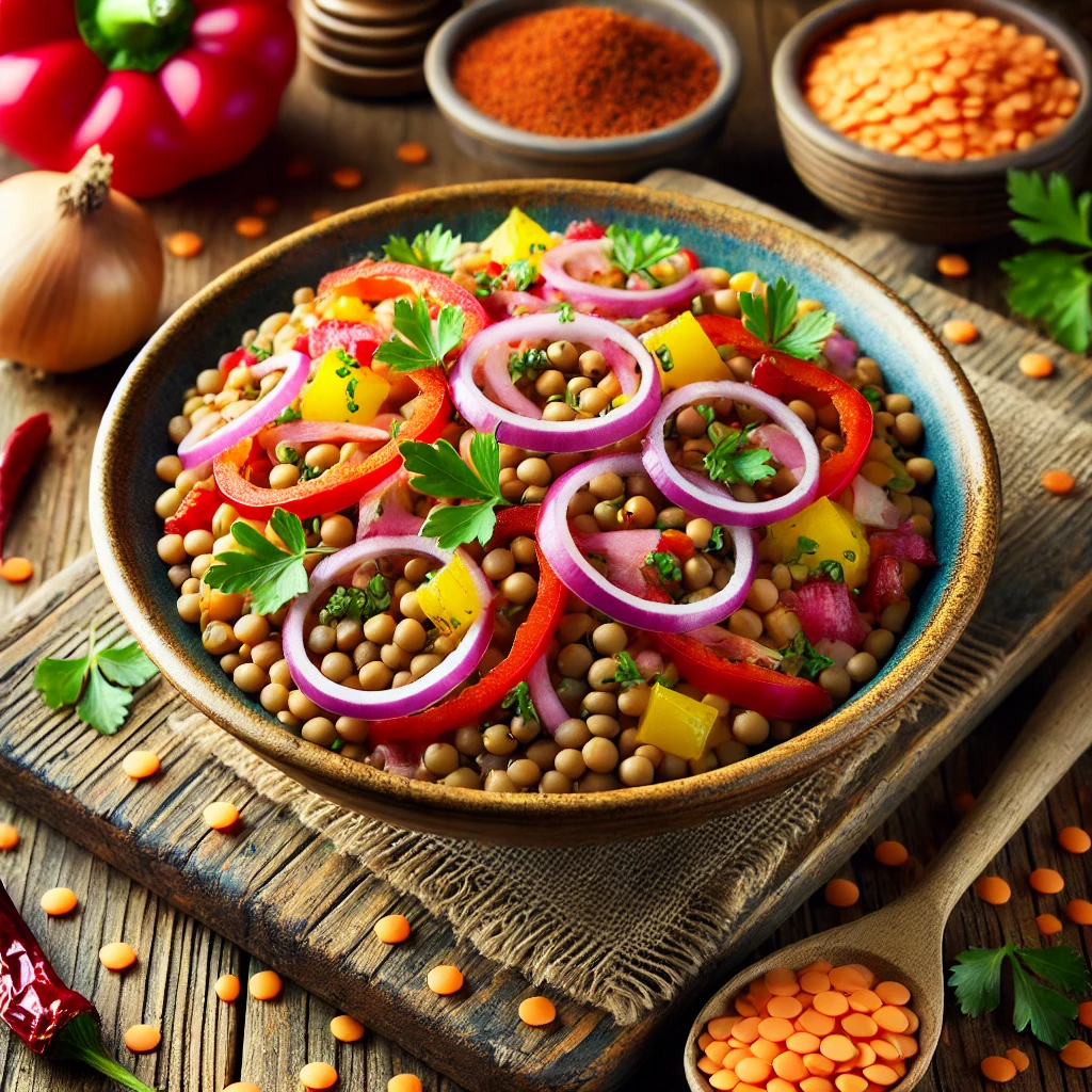 Zoetzure linzensalade met rode ui en paprika