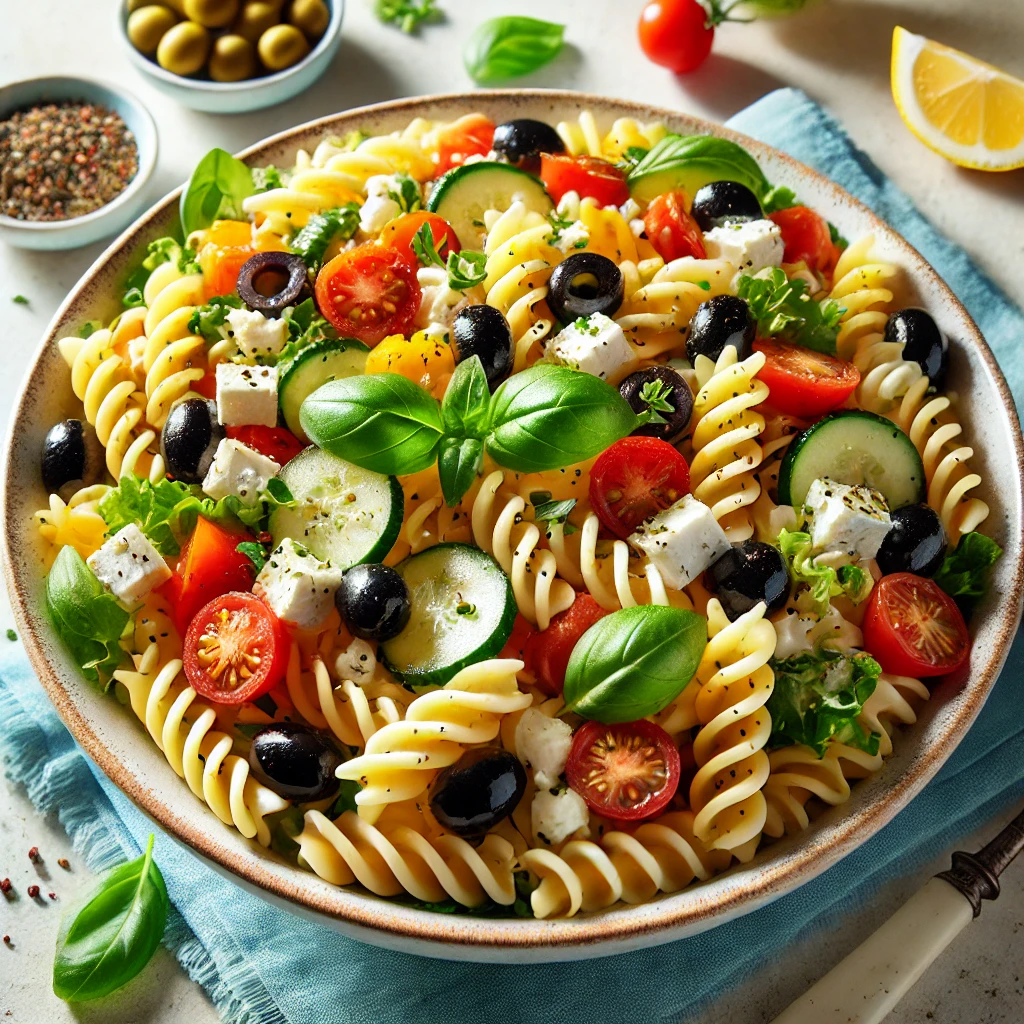 Zomerse fusilli-salade met feta en olijven