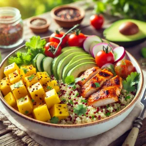 Zomerse quinoa-bowl met mango en kip