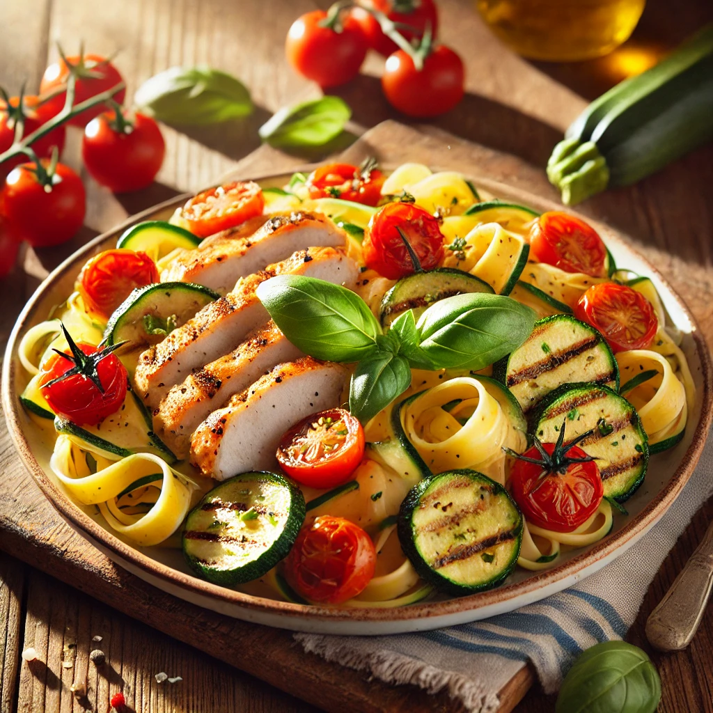 Zomerse volkoren tagliatelle met kipfilet en courgette