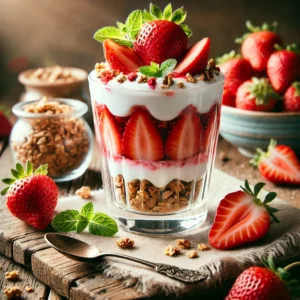 Aardbeien-yoghurt parfait met muesli
