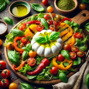 Burrata Salade met Gegrilde Paprika en Basilicumolie
