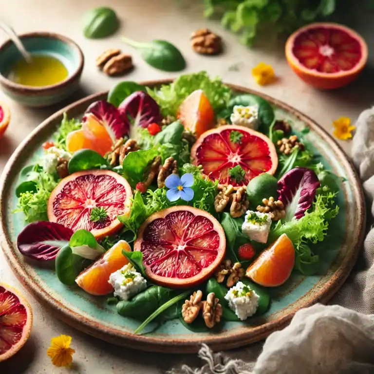 Frisse Bloedsinaasappel Salade met Veldsla en Geitenkaas