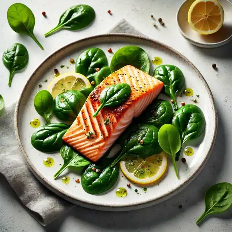 Gegrilde Zalm op een Bedje van Spinazie en Citrusdressing