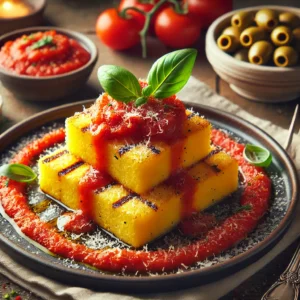 Gegrilde polenta met tomaten-olijvensaus