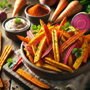 Gekruide Groentefrietjes (wortel, pastinaak, biet)