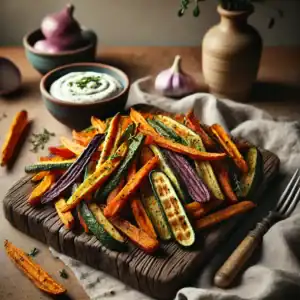 Geroosterde groentefrites met knoflookdip