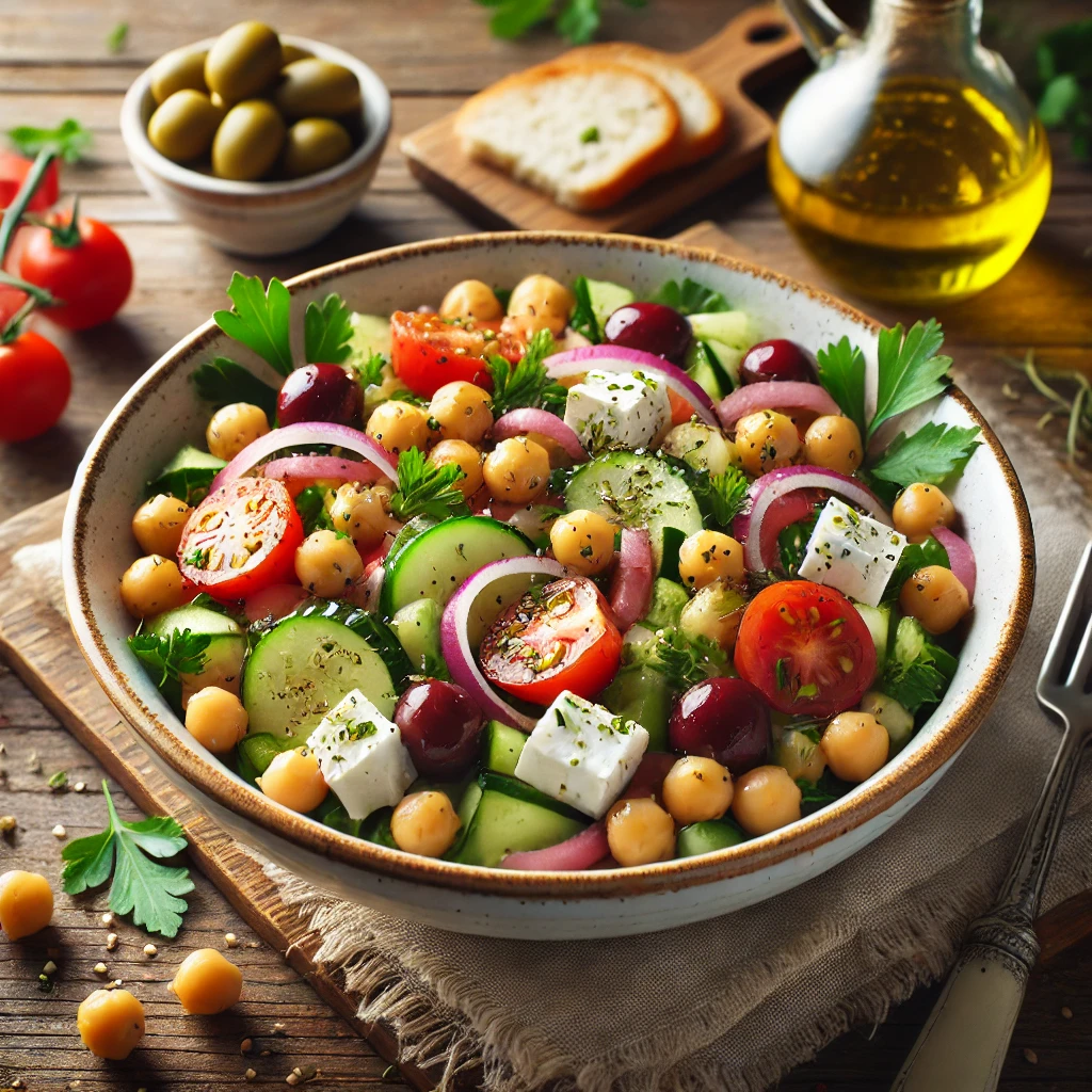 Griekse salade met kikkererwten en feta