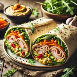 Kalkoenwraps met Knoflookhumus en Rucola