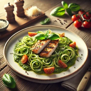 Kip en courgetti in pesto-roomsaus
