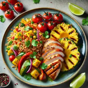 Kip, gegrilde ananas en rijstsalade