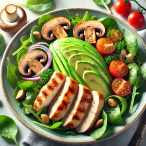 Maaltijdsalade met Avocado, Gegrilde Kip en Gebakken Champignons