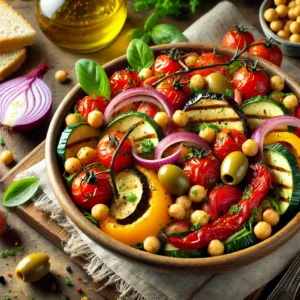 Mediterrane groenteschotel met kikkererwten en olijven