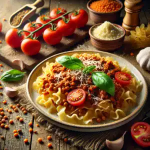 Pasta Bolognese van linzen en tomaat