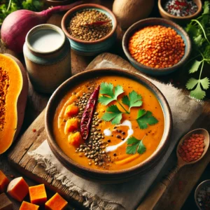 Romige Zoete Aardappel Soep met Kokosmelk en Linzen