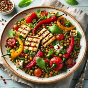 Salade met Halloumi, Paprika en Linzen